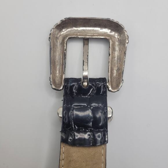 Black Leather Belt Small Western Silver Buckle Croc Embossed Cowgirl Concho Boho - Picture 5 of 8